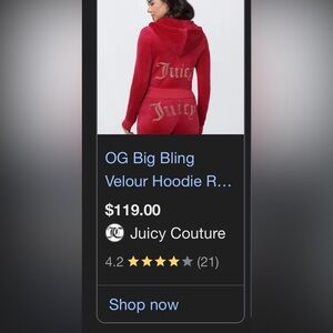 Juicy Couture Red Velour Hoodie and Bottoms Set with Rhinestone Logo